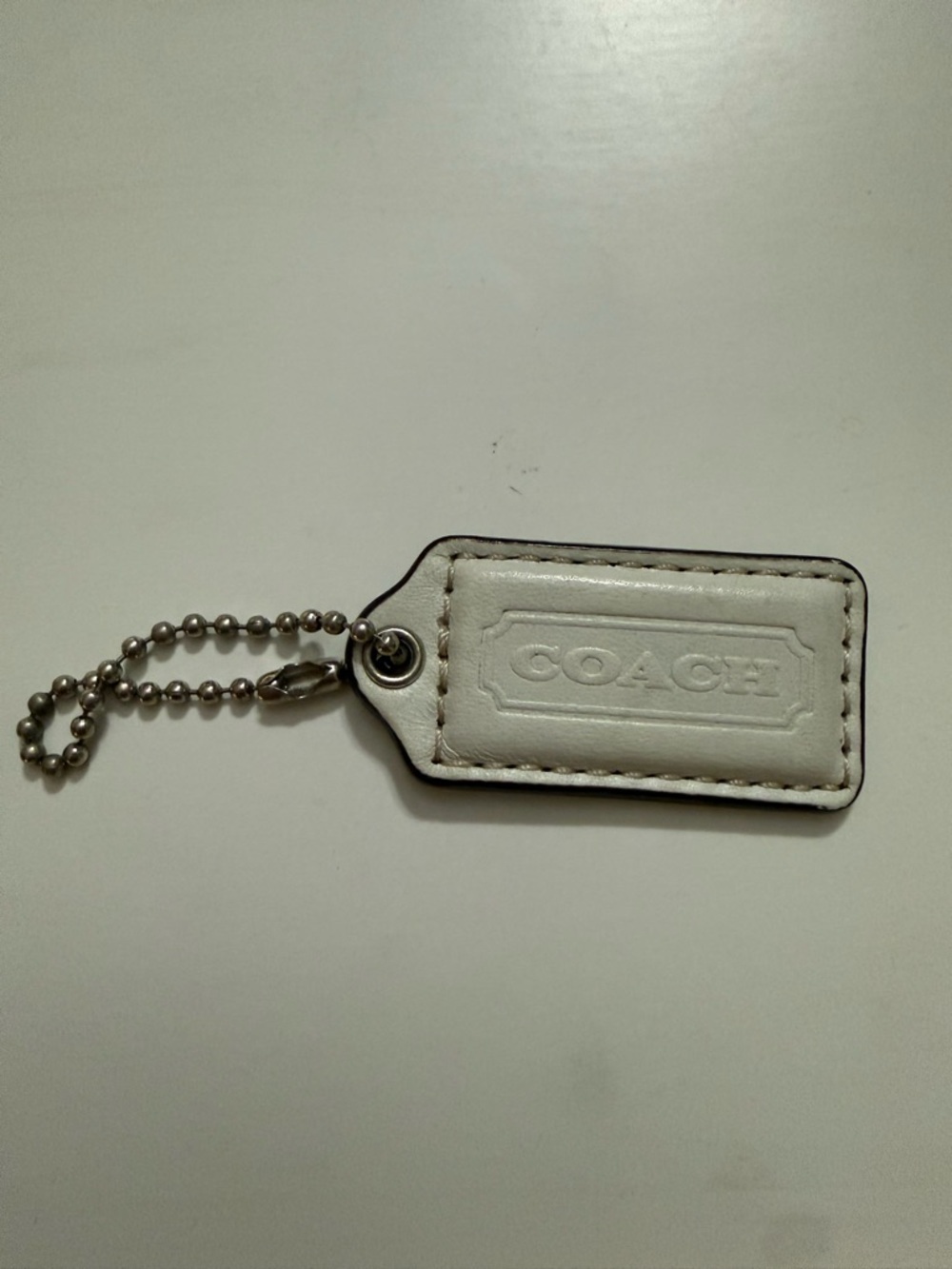 COACH White Leather Key Tag with Ball Chain